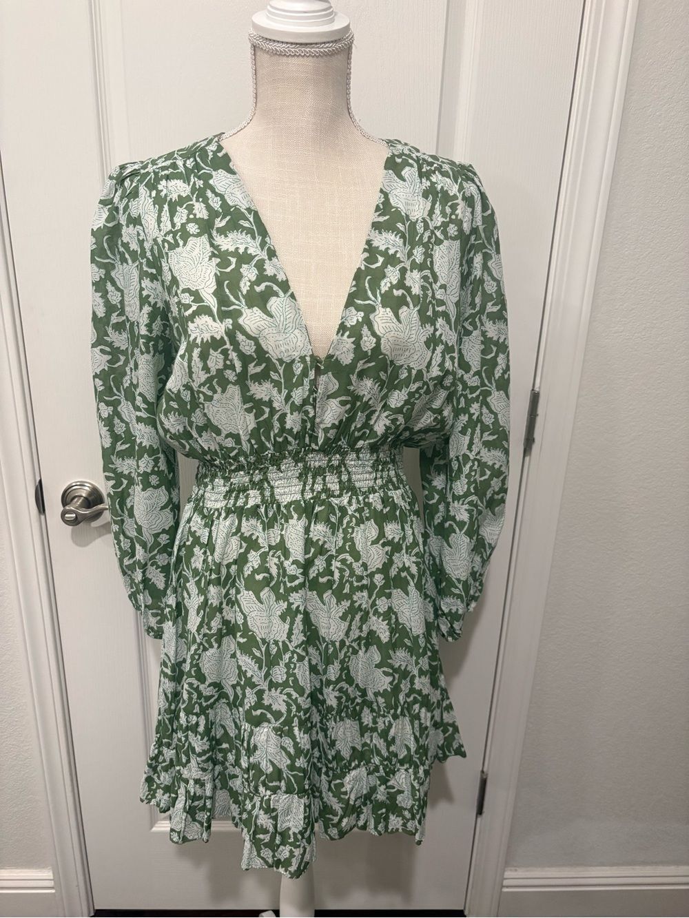 Maje Green and White Floral V-Neck Long Sleeve Dress